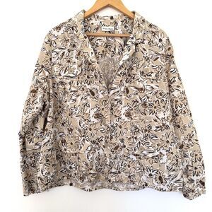 Vintage Studio Works Floral Linen Jacket Beige Brown White Women 2X 2XL XXL 90s